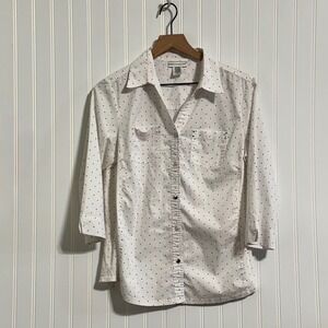 Rebecca Malone Polka Dot Button Shirt M White Black Studded Pockets 3/4 Sleeve